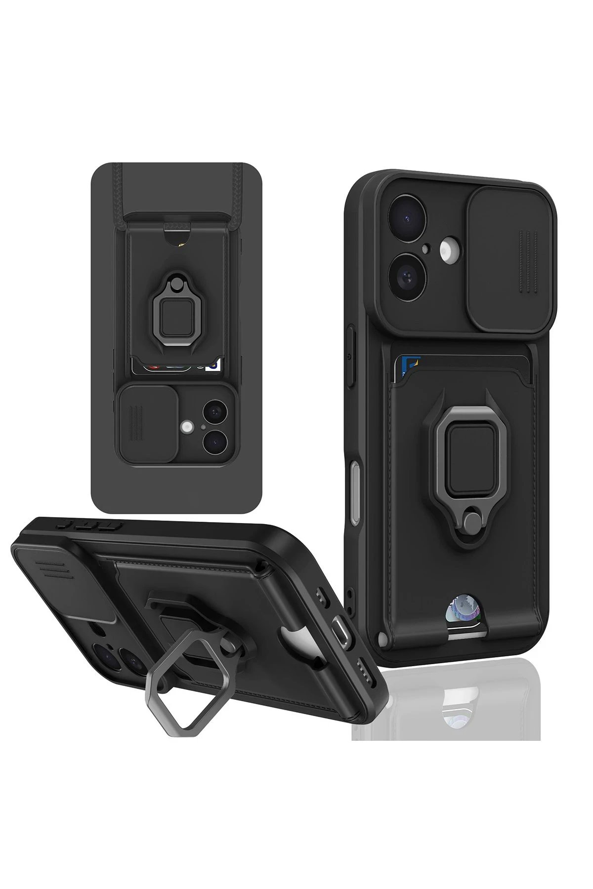 iPhone 16 Kılıf Zuma Kartvizitli Yüzüklü Silikon - Siyah-(5796)