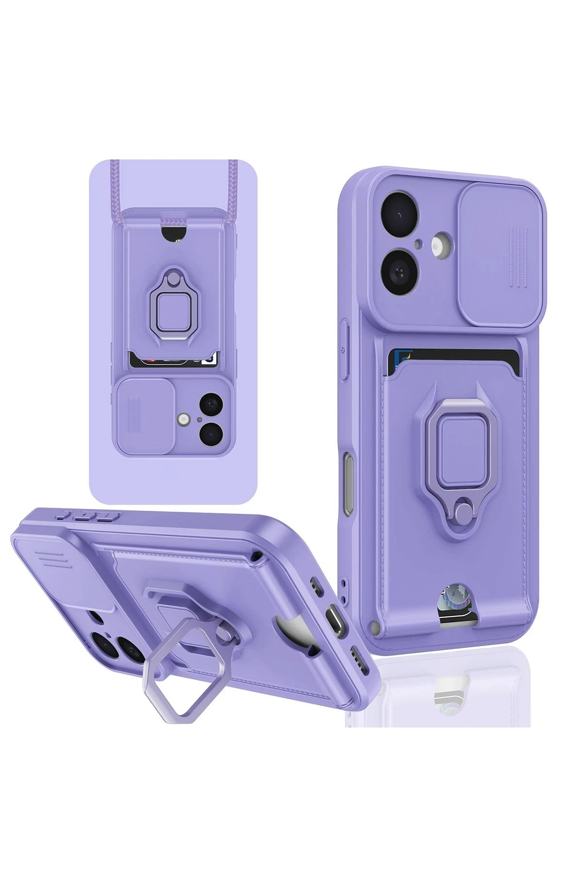 iPhone 16 Kılıf Zuma Kartvizitli Yüzüklü Silikon - Lila-(5796)