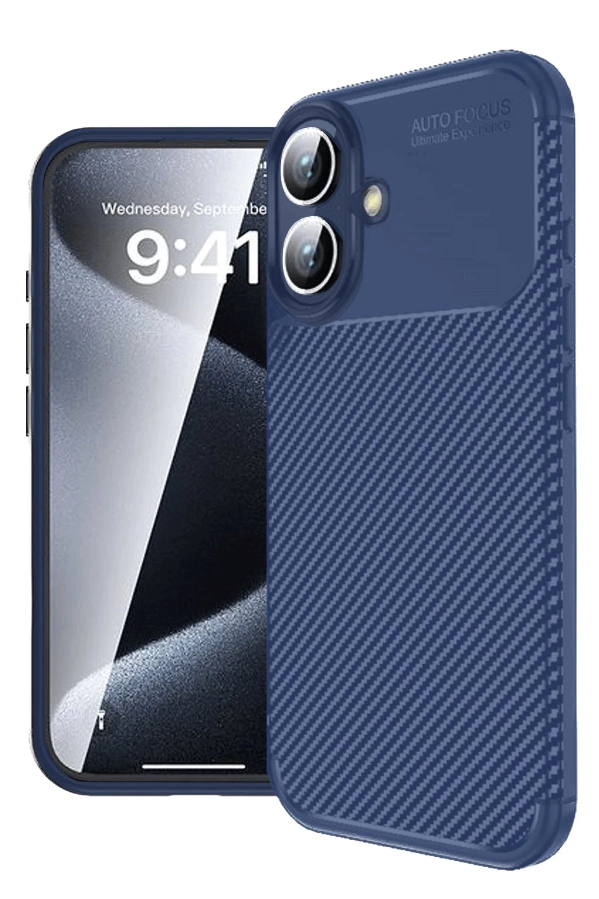 iPhone 16 Plus Kılıf Auto Focus Karbon Kapak - Lacivert-(5796)