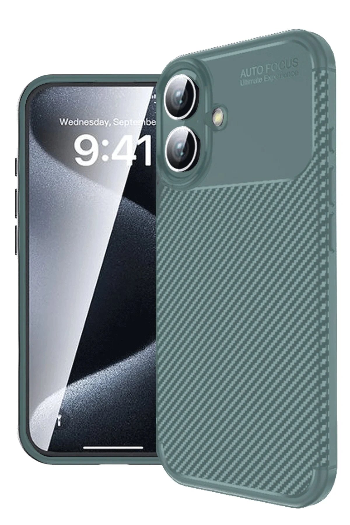 iPhone 16 Plus Kılıf Auto Focus Karbon Kapak - Koyu Yeşil-(5796)