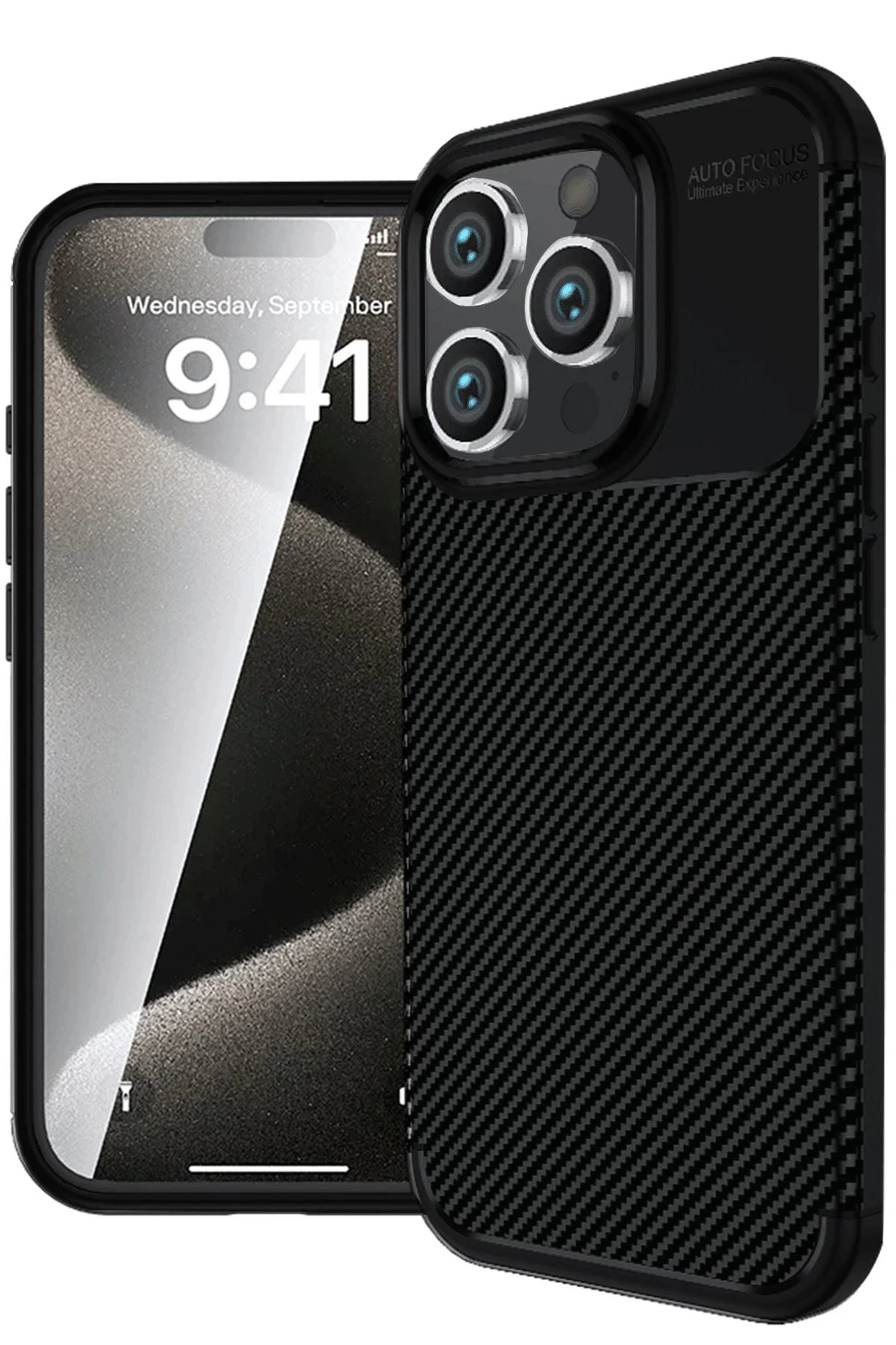 iPhone 16 Pro Max Kılıf Auto Focus Karbon Kapak - Siyah-(5796)
