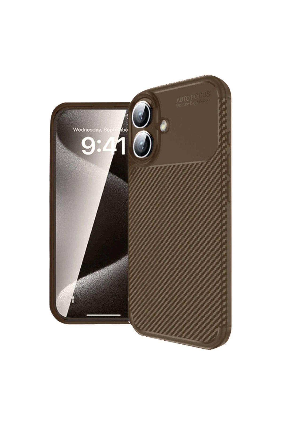 iPhone 16 Kılıf Auto Focus Karbon Kapak - Kahverengi-(5796)