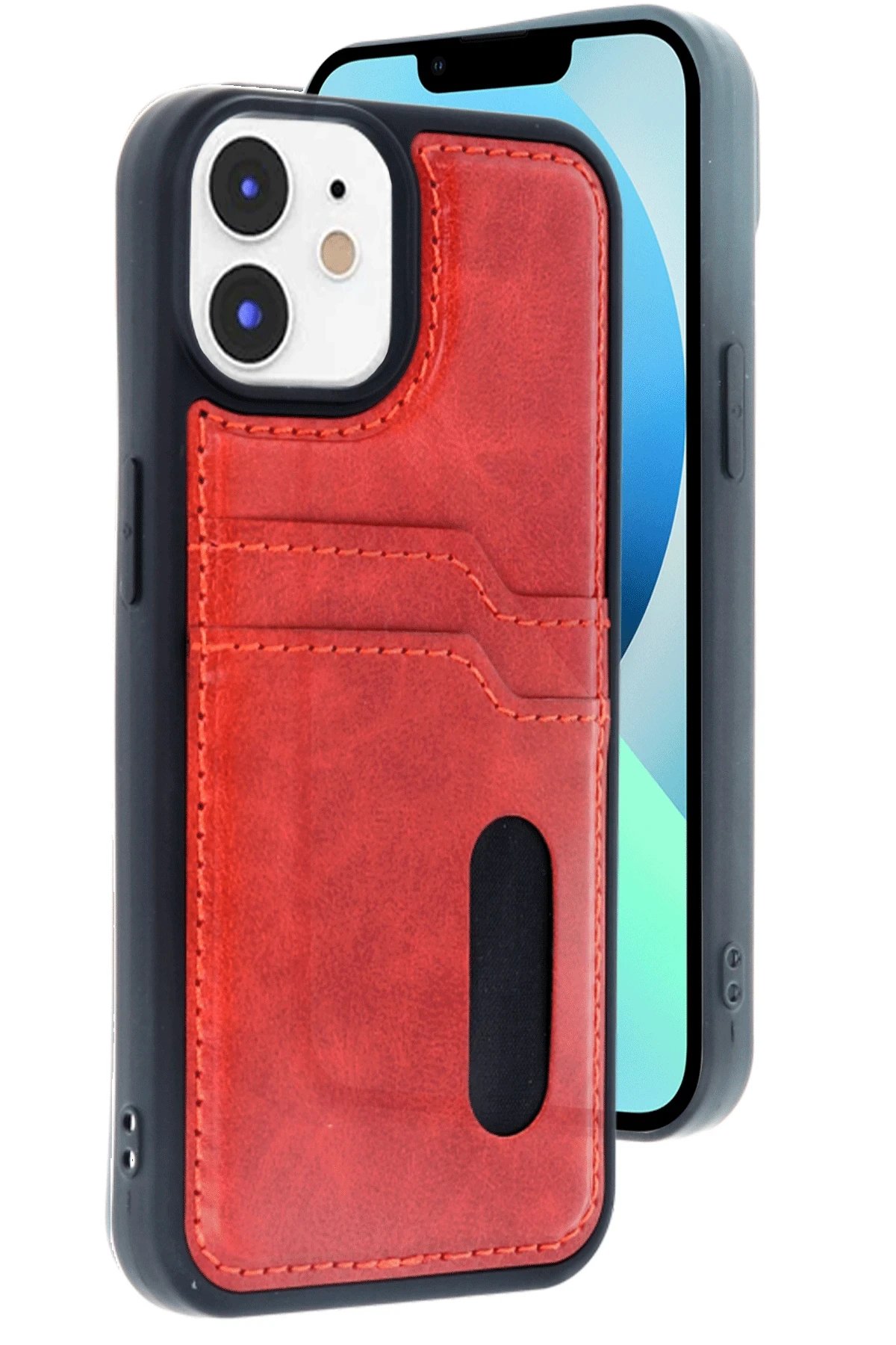 iPhone 11 Kılıf Sara Kartvizitli Deri Kılıf - Kırmızı-(5796)