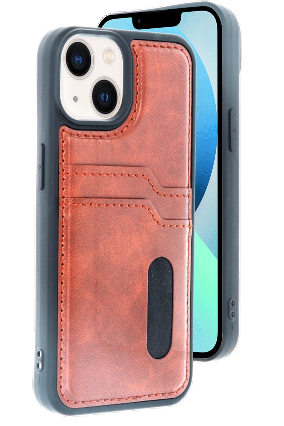 iPhone 14 Kılıf Sara Kartvizitli Deri Kılıf - Taba-(5796)