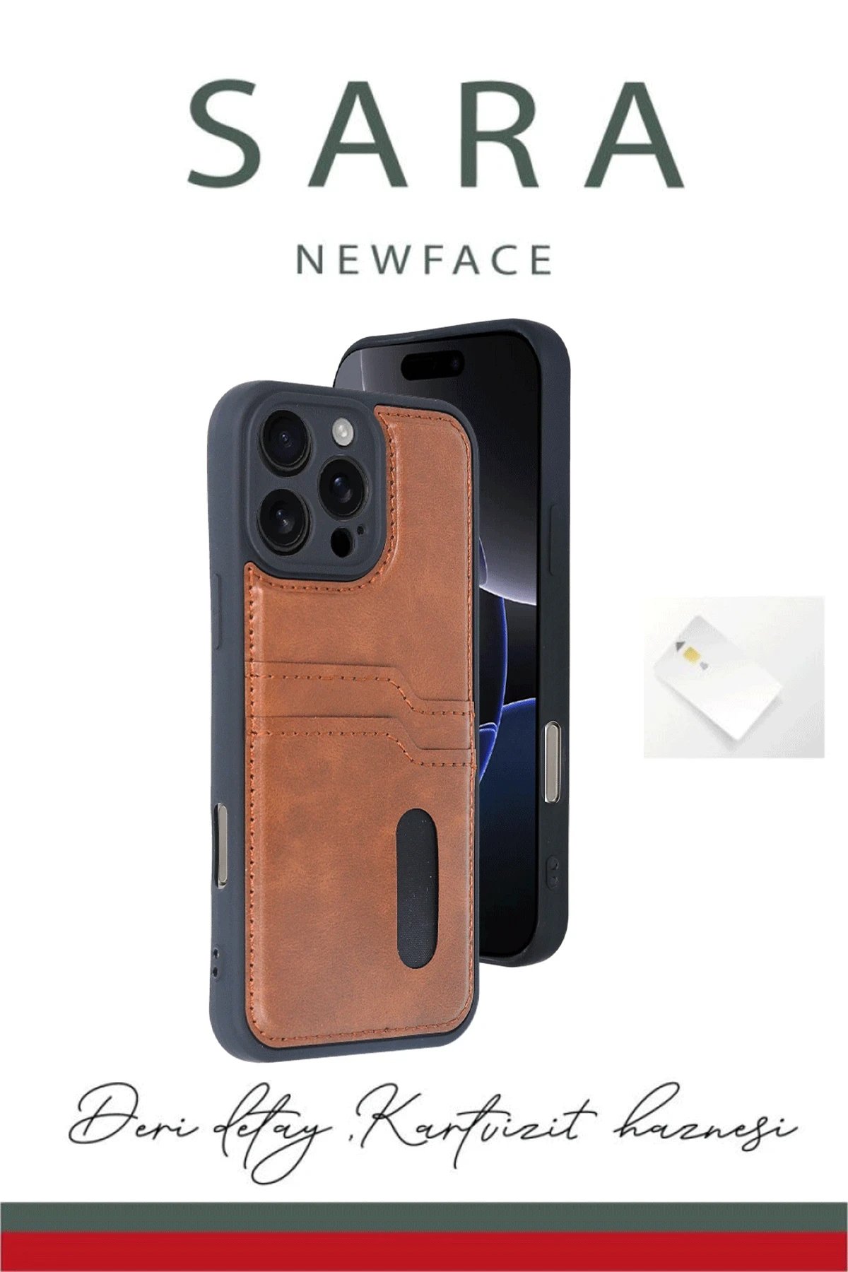 iPhone 16 Pro Kılıf Sara Kartvizitli Deri Kılıf - Lacivert-(5796)