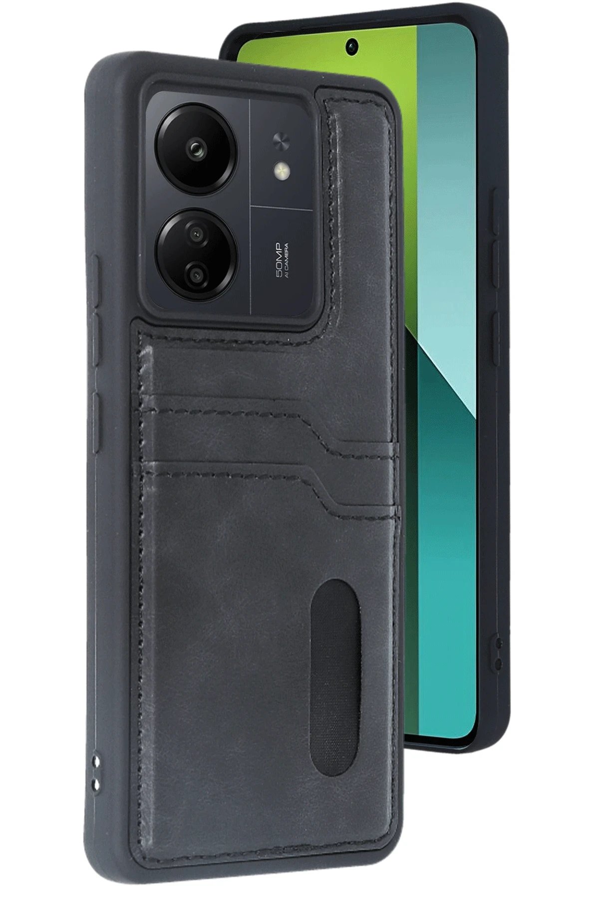 Xiaomi Redmi 13C Kılıf Sara Kartvizitli Deri Kılıf - Siyah-(5796)