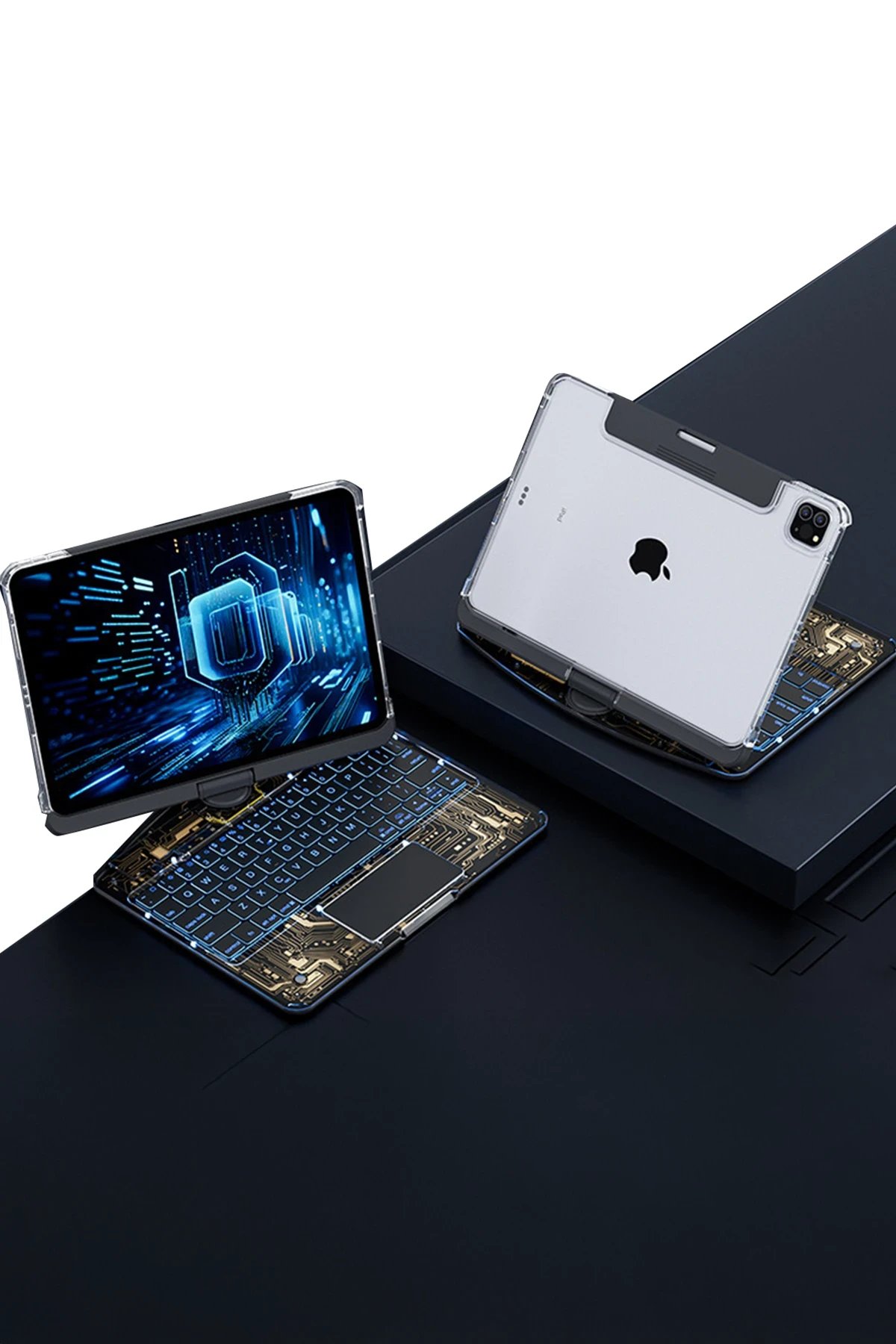 JP12.9 iPad Pro 12.9 (2022) Kılıf Vales Dönen Ledli Klavyeli Tablet Kılıfı - Siyah-(5796)