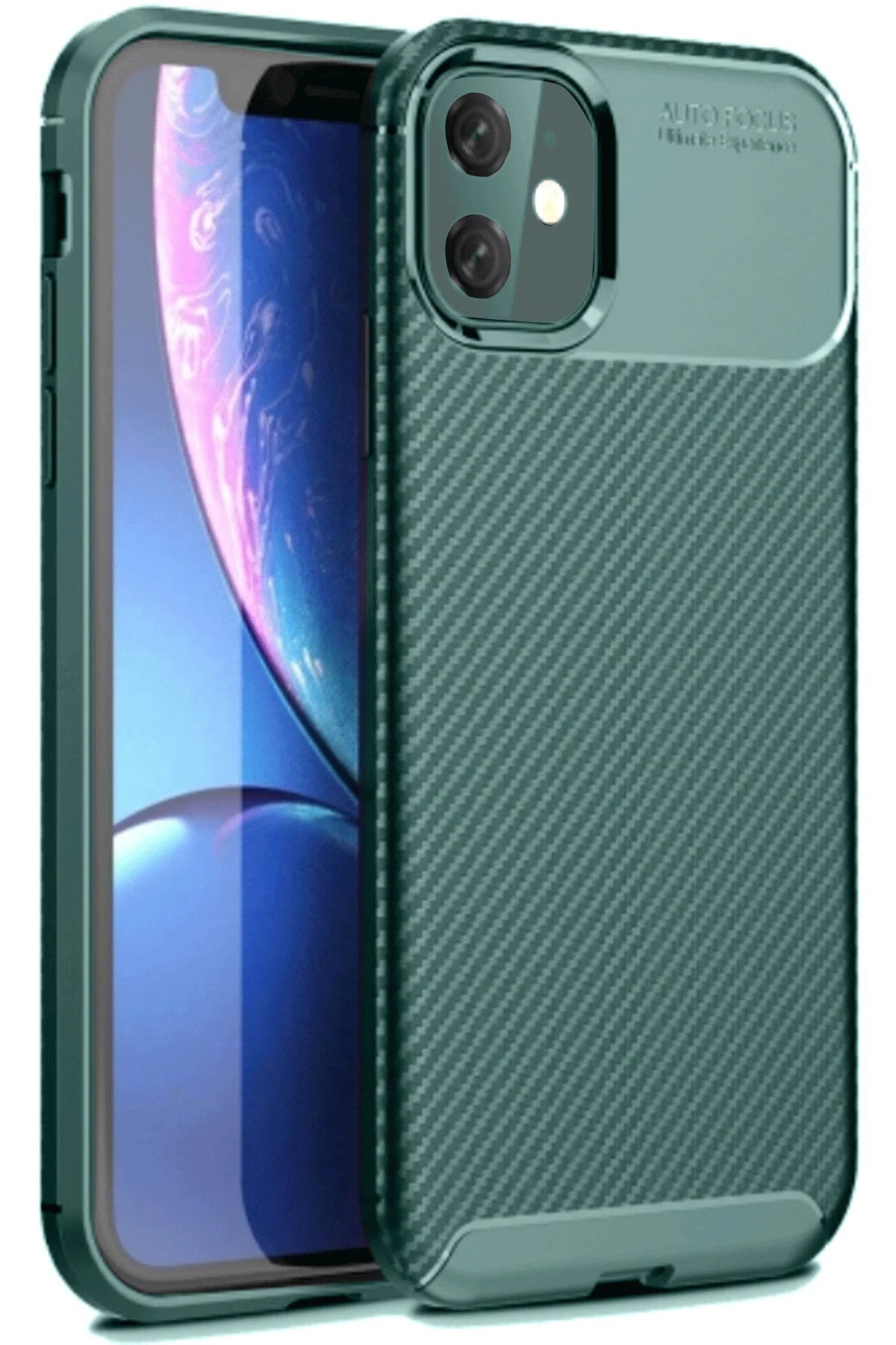 iPhone 11 Kılıf Auto Focus Karbon Kapak - Koyu Yeşil-(5796)