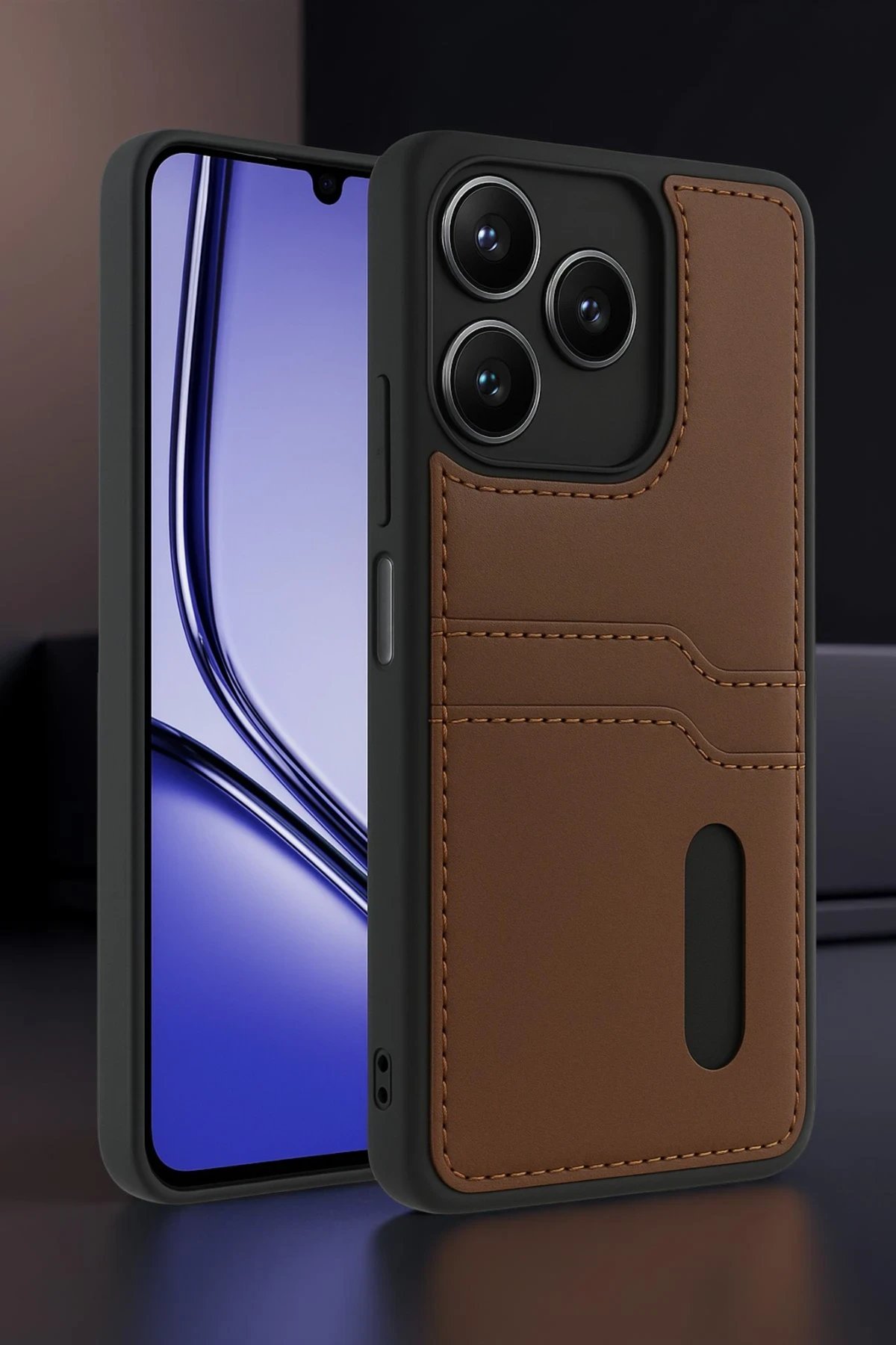 Realme Note 50 4G Kılıf Sara Kartvizitli Deri Kılıf - Taba-(5796)