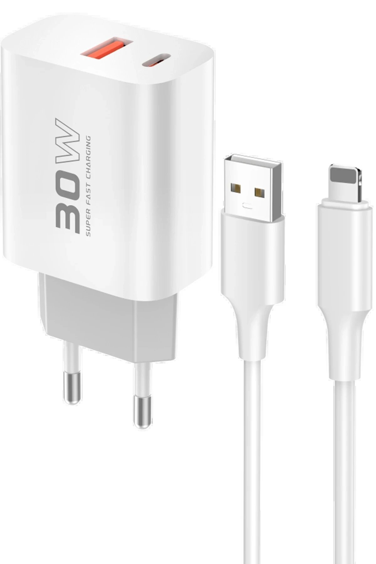 C89Q 1 Adet 30W Type-C ve 1 Adet 22.5W USB Çıkışlı Ekstra DL48 1M USB to Lightning Kablolu PD Şarj Cihazı - Beyaz-(5796)