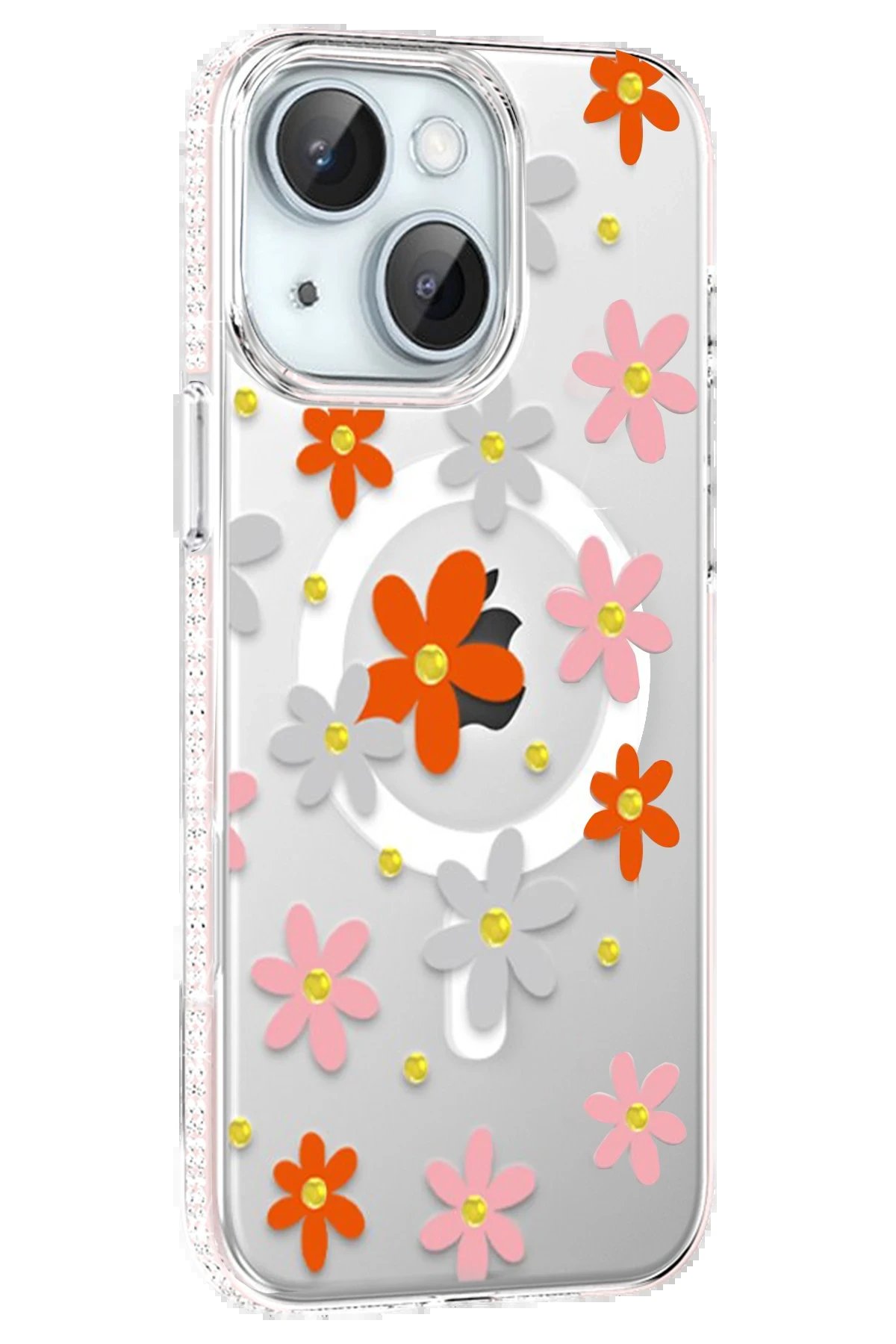 Apple iPhone 15 Floral Magsafe Kapak - Turuncu-(5796)
