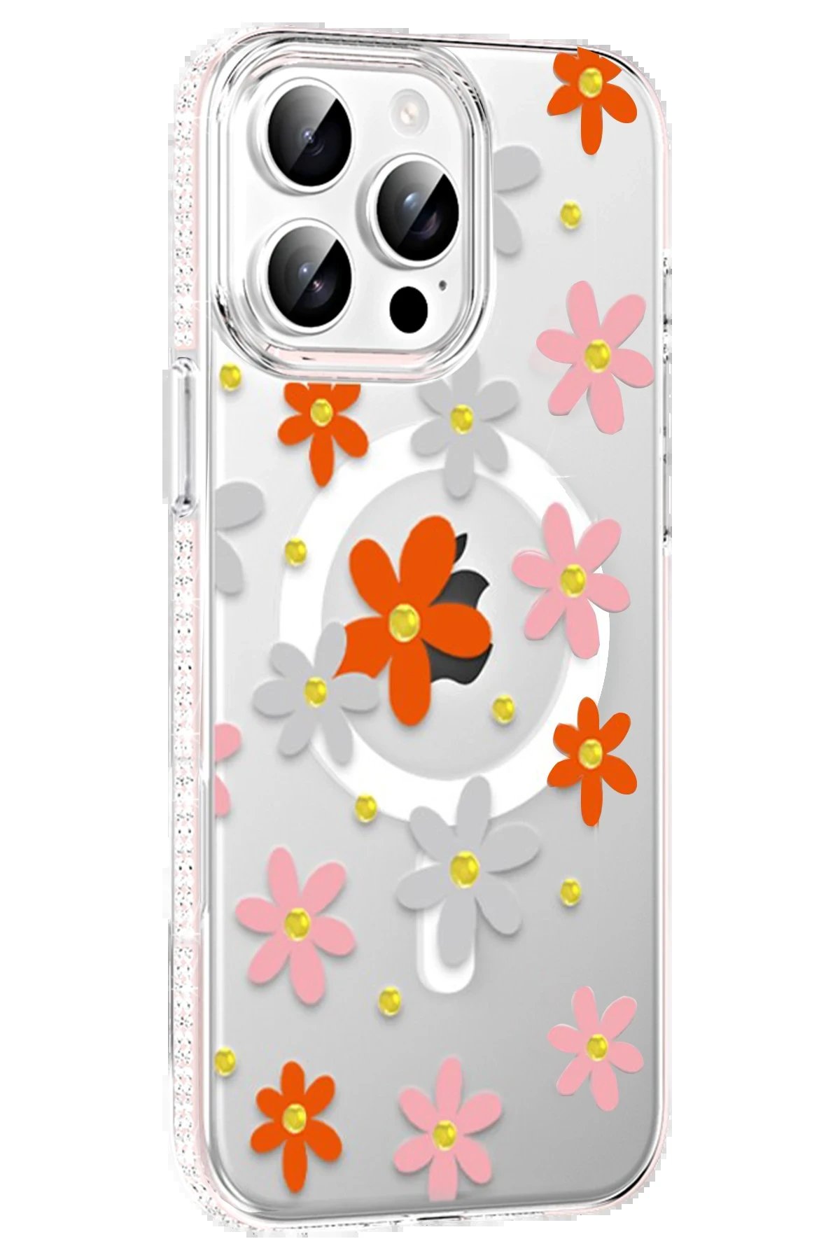 Apple iPhone 15 Pro Floral Magsafe Kapak - Turuncu-(5796)