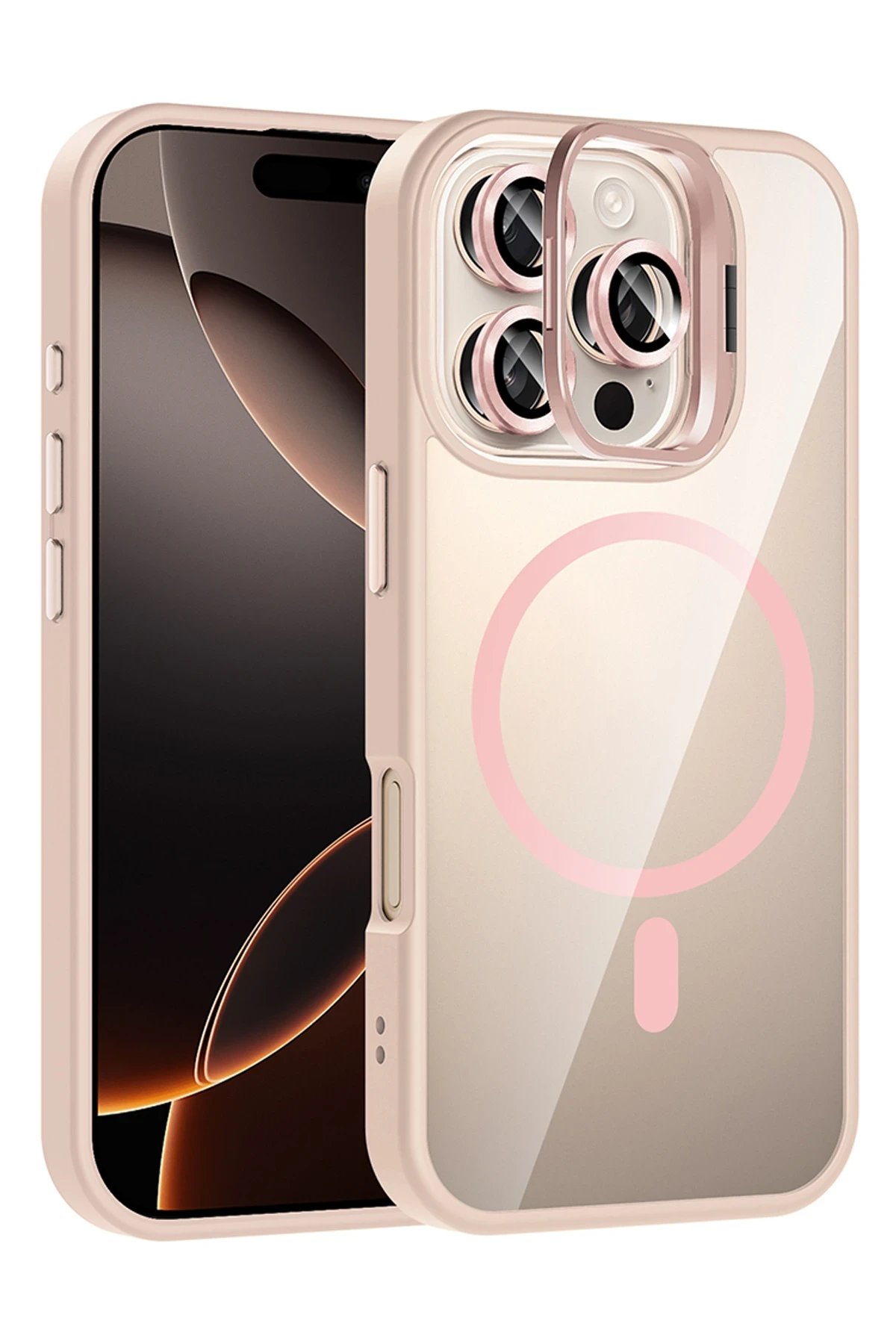 Apple iPhone 16 Pro Remim Lensli Magsafe Standlı Kapak - Pembe-(5796)