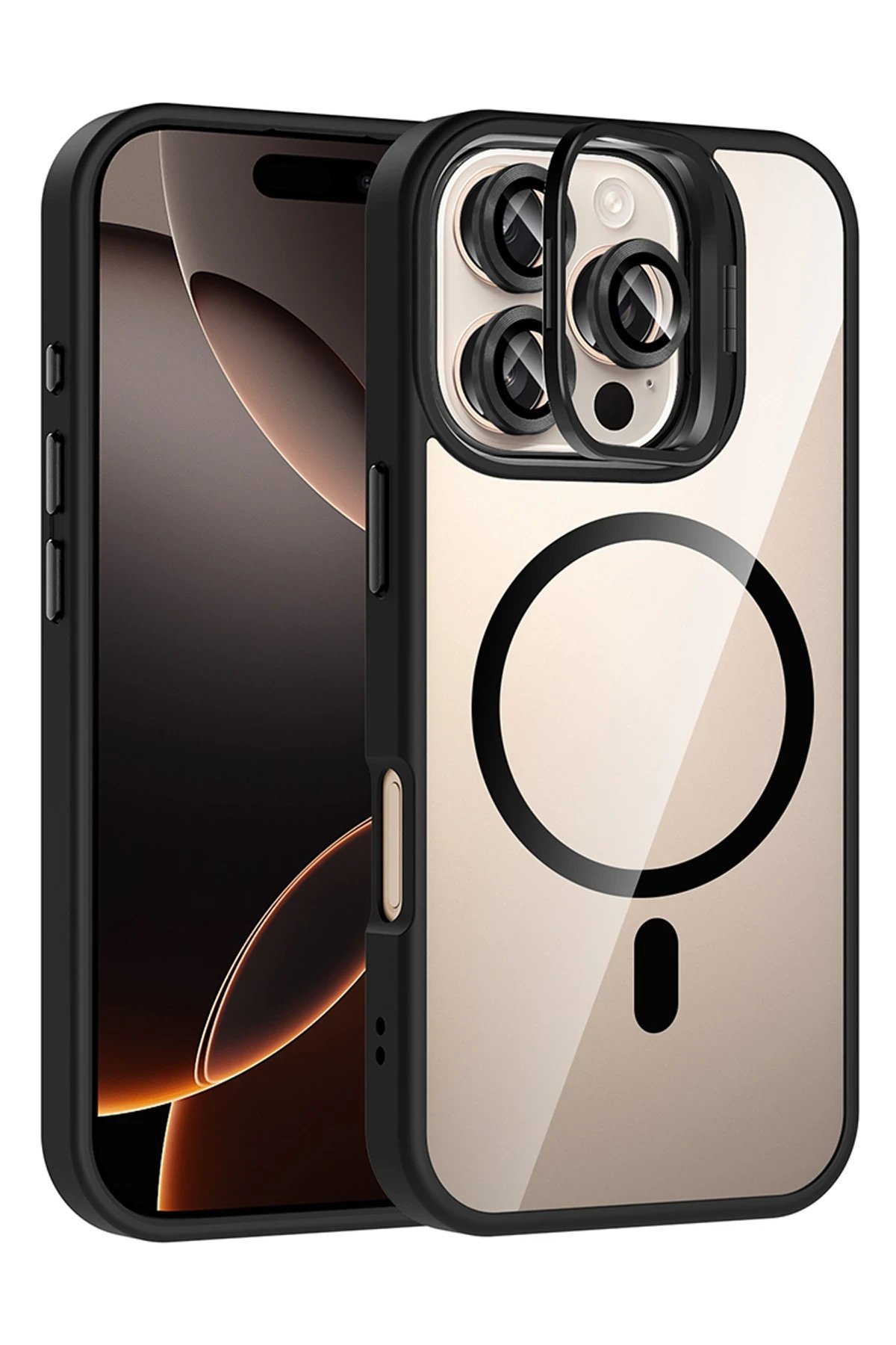 Apple iPhone 16 Pro Max Remim Lensli Magsafe Standlı Kapak - Siyah-(5796)