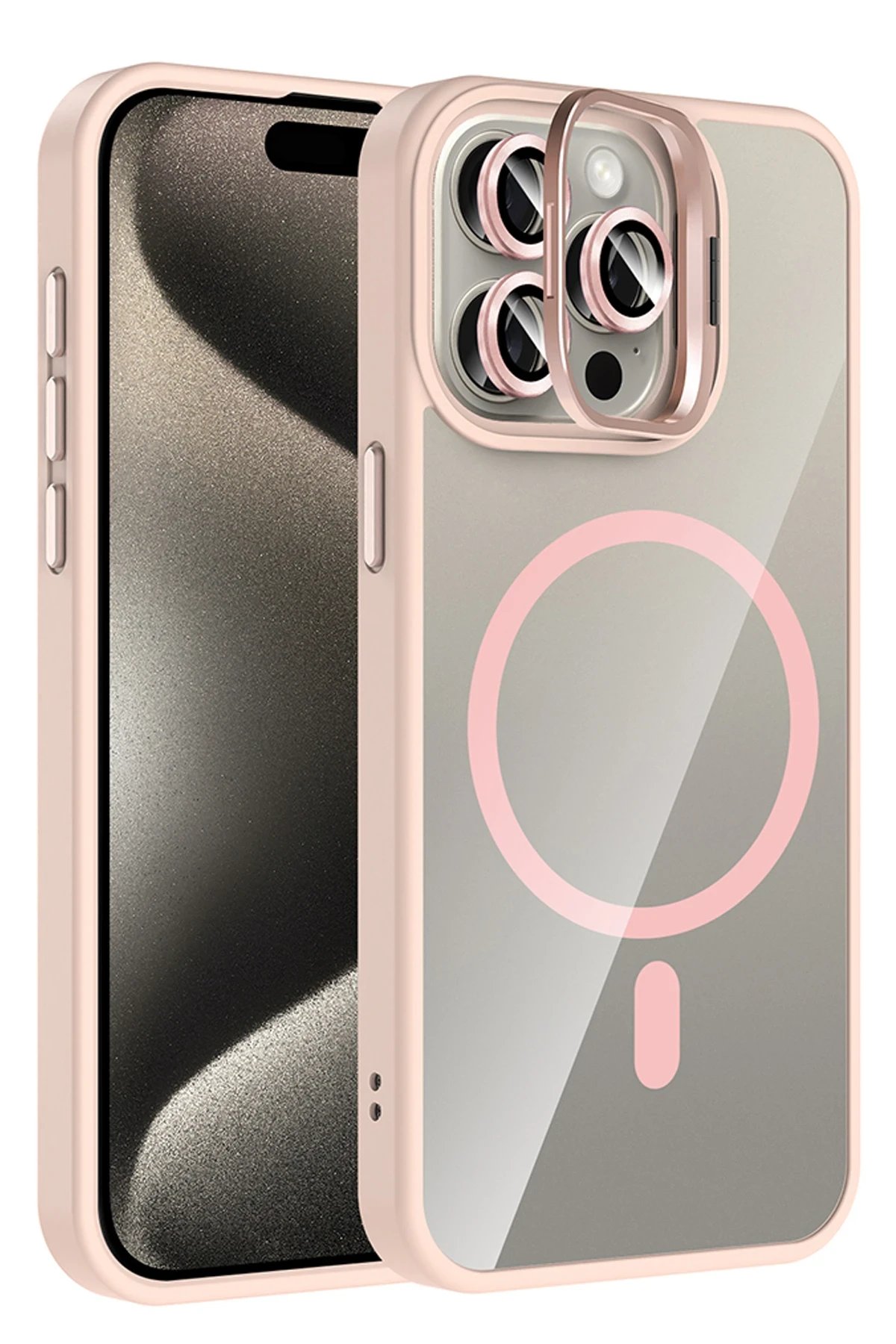 Apple iPhone 14 Pro Max Remim Lensli Magsafe Standlı Kapak - Pembe-(5796)