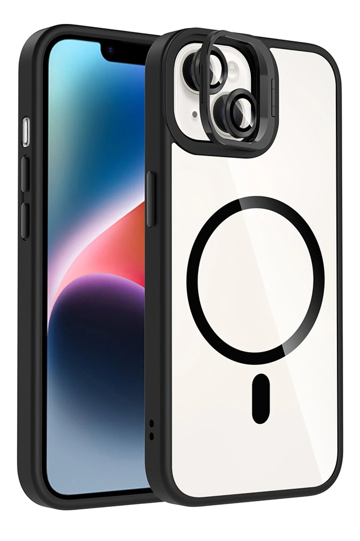 Apple iPhone 15 Plus Remim Lensli Magsafe Standlı Kapak - Siyah-(5796)