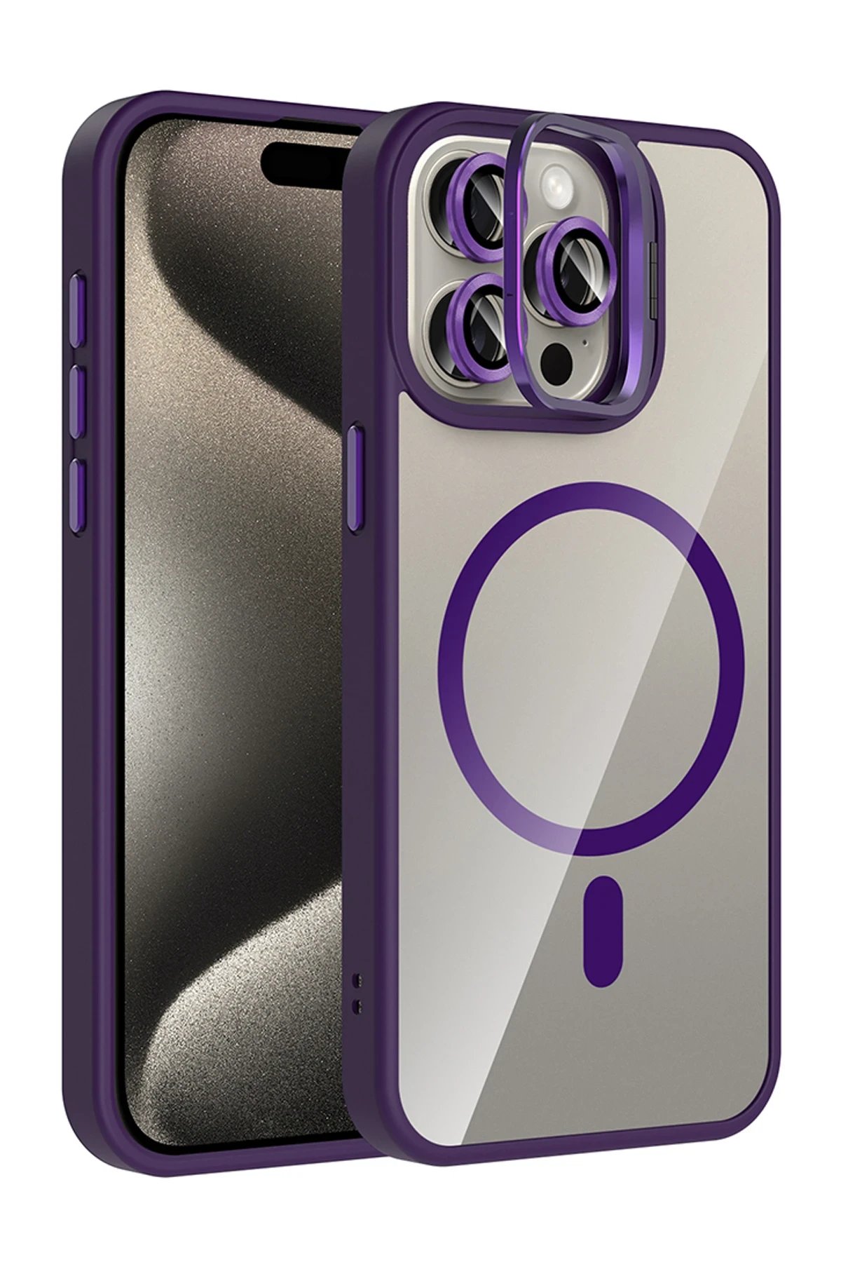 Apple iPhone 15 Pro Max Remim Lensli Magsafe Standlı Kapak - Derin Mor-(5796)