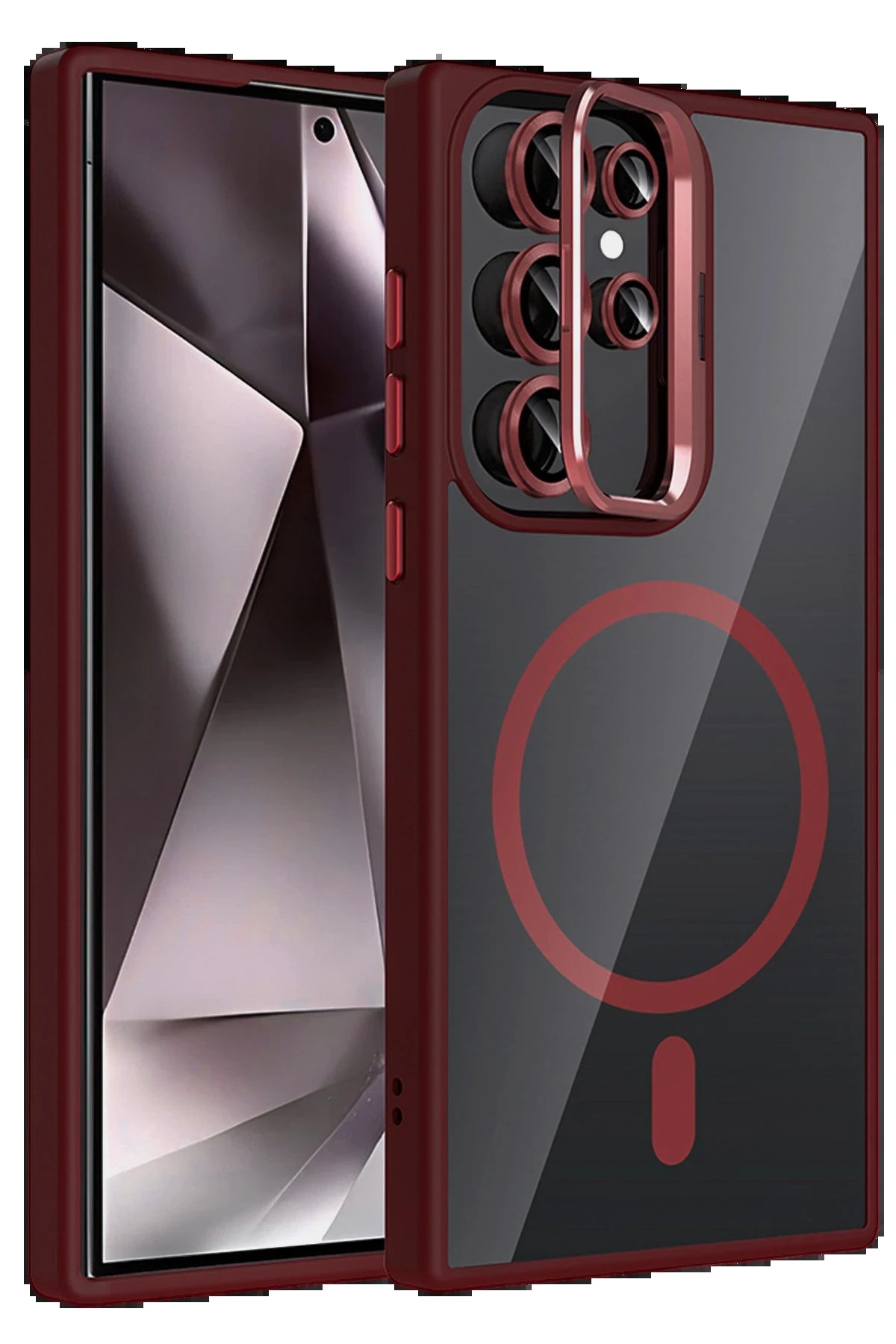 Samsung Galaxy S23 Ultra Remim Lensli Magsafe Standlı Kapak - Bordo-(5796)