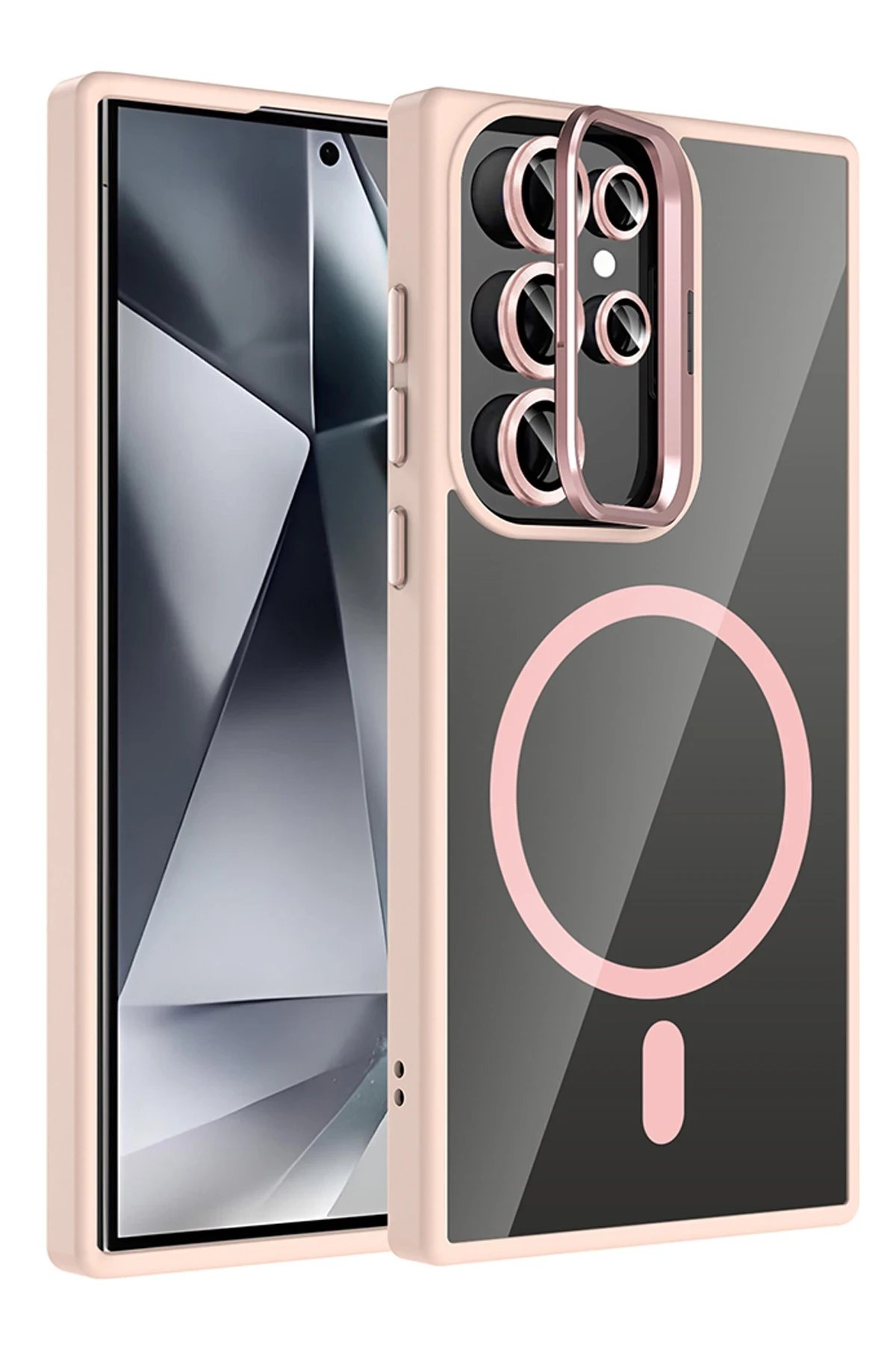 Samsung Galaxy S23 Ultra Remim Lensli Magsafe Standlı Kapak - Pembe-(5796)