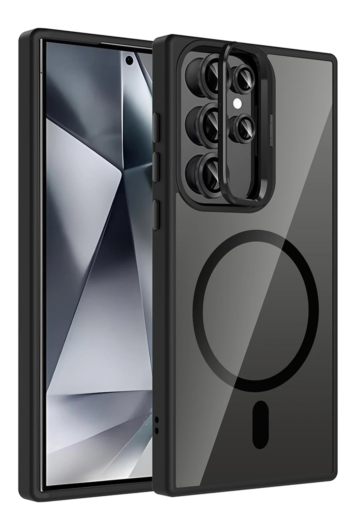Samsung Galaxy S23 Ultra Remim Lensli Magsafe Standlı Kapak - Siyah-(5796)