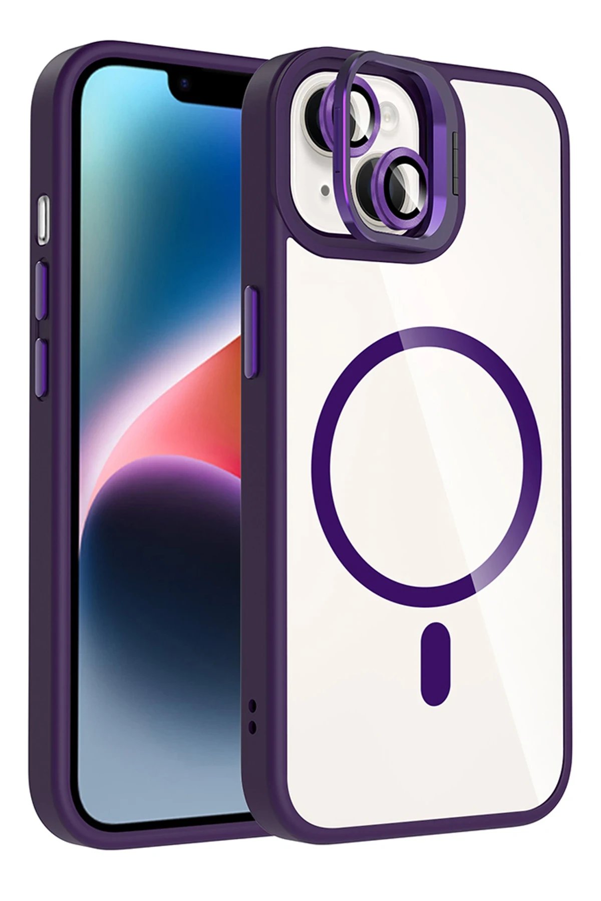 Apple iPhone 13 Remim Lensli Magsafe Standlı Kapak - Derin Mor-(5796)