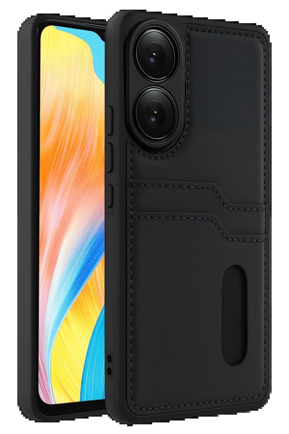 Oppo A38 Sara Kartvizitli Deri Kılıf - Siyah-(5796)