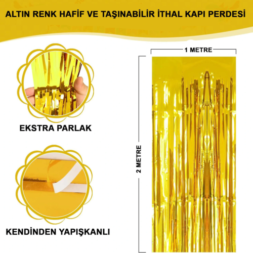 Altın Gold Renk Ekstra Metalize Parlak Saçaklı Arka Fon Perde İthal A Kalite 1x2 Metre
