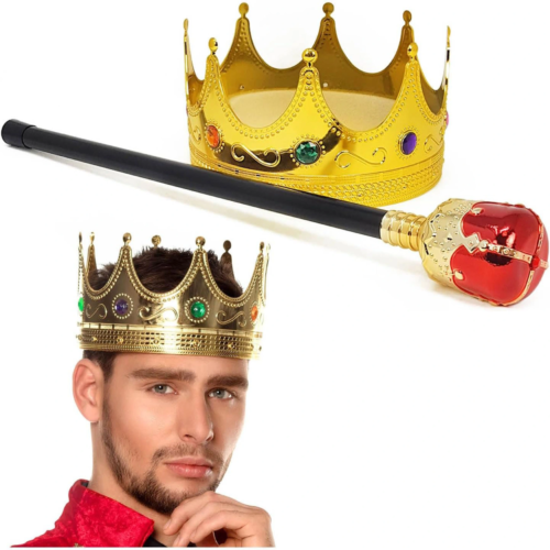 Altın Kral Tacı Ve Kırmızı Topuzlu Asası Seti