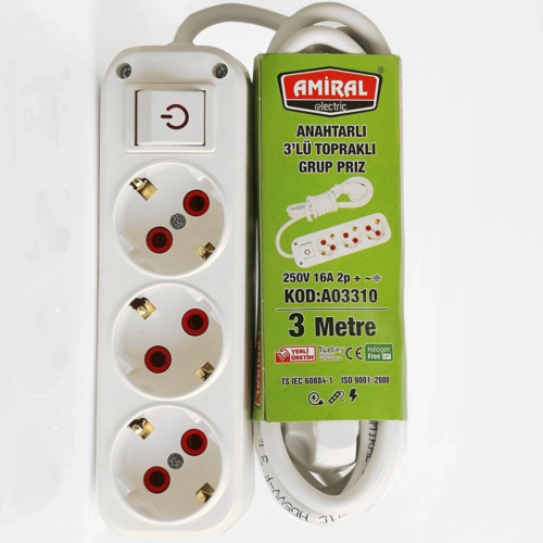 Amiral 3' Lü Topraklı Anahtarlı 3 Metre Kablolu Grup Priz