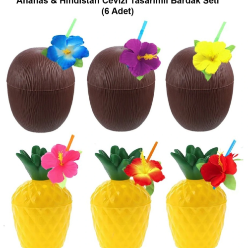Ananas & Hindistan Cevizi Tasarımlı Pipetli Bardak Seti (6 Adet)