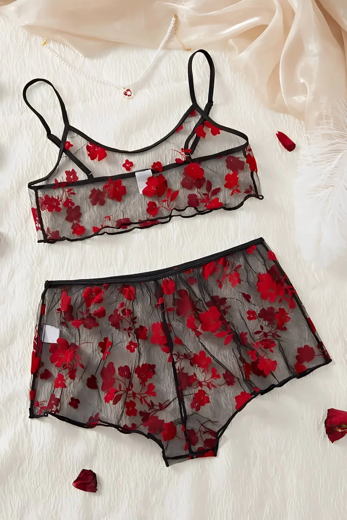 Çiçek Desenli Siyah Transparan Şortlu Gecelik Tm1377