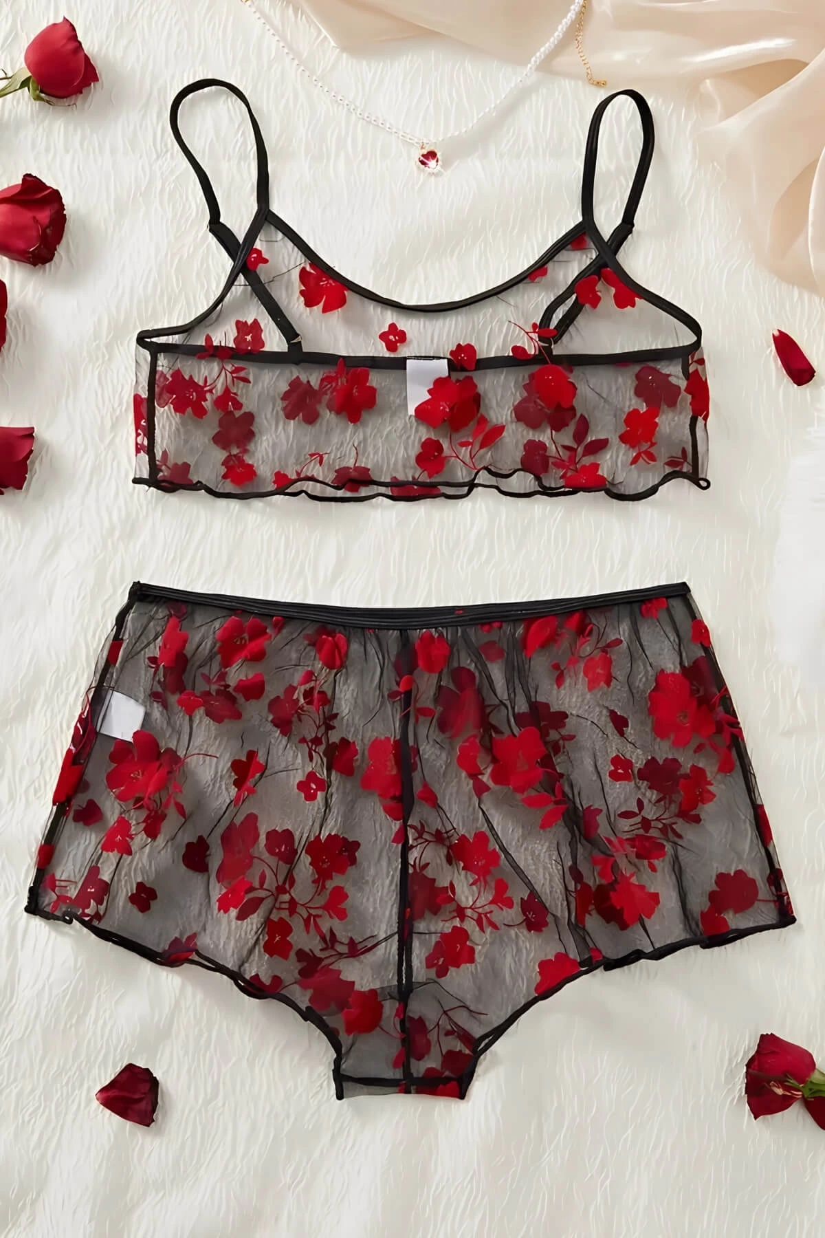 Çiçek Desenli Siyah Transparan Şortlu Gecelik Tm1377 - Görsel 4