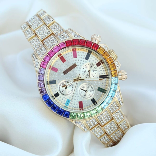Gold Metal Kordonlu Zirkon Taş Kaplama Renkli Taşlı Kasa Tasarımlı Lüx Kadın Kol Saati