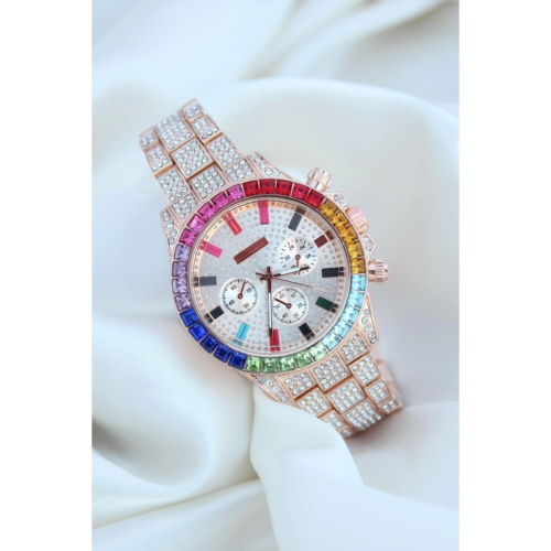 Zirkon Taş Kaplama Renkli Taşlı Kasa Tasarımlı Lüx Kadın Kol Saati
