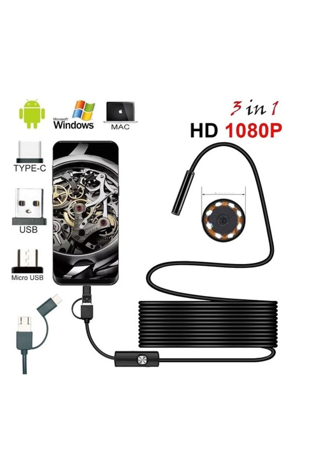 Endoskop 3 İn 1 Yılan Kamera Usb Micro Usb Type-c 20 Metre Sert Kablo