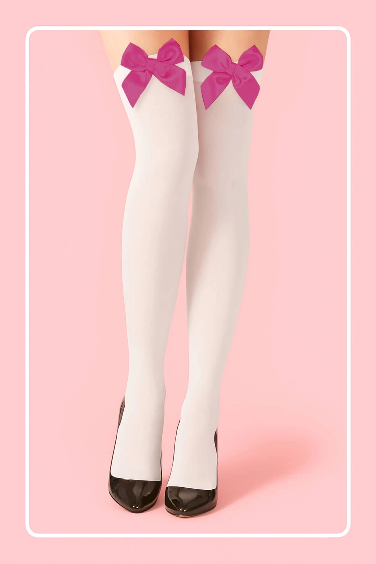 Fuşya Fiyonklu Beyaz Jartiyer Çorabı Tm1379