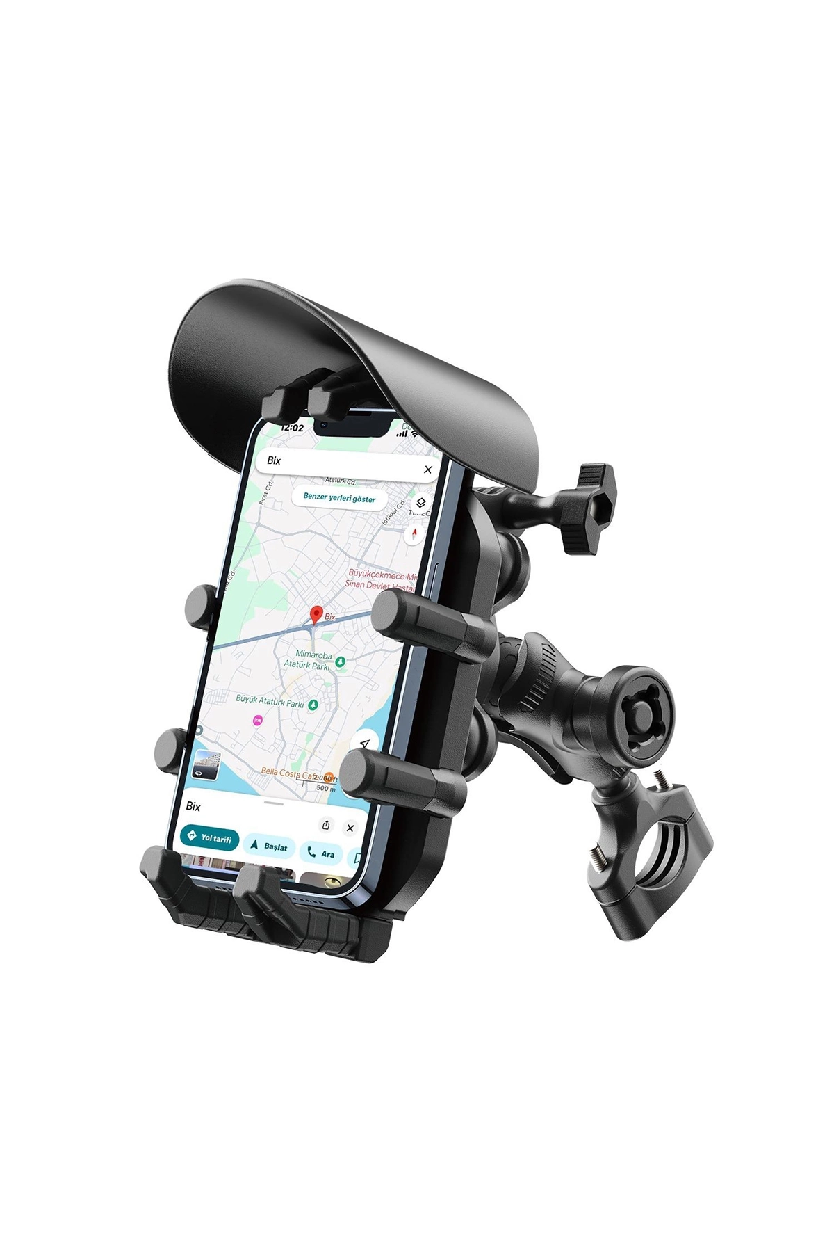 Gidon Bağlantılı Güneş Ve Yağmur Korumalı 360° Derece Ayarlanabilir Motosiklet Bisiklet Telefon Tutucu