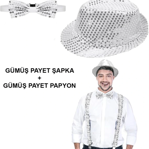 Gümüş Payetli Şapka Ve Papyon Seti – Parıltılı Yetişkin Kostüm Seti
