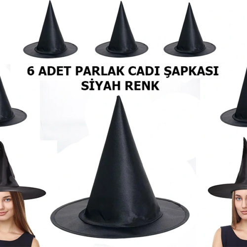 Halloween Siyah Renk Parlak Dralon Cadı Şapkası Yetişkin Ve Çocuk Uyumlu 6 Adet