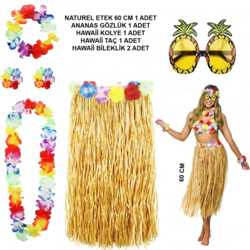 Hawaii Parti Kostüm Seti - 60 Cm Hasır Etek