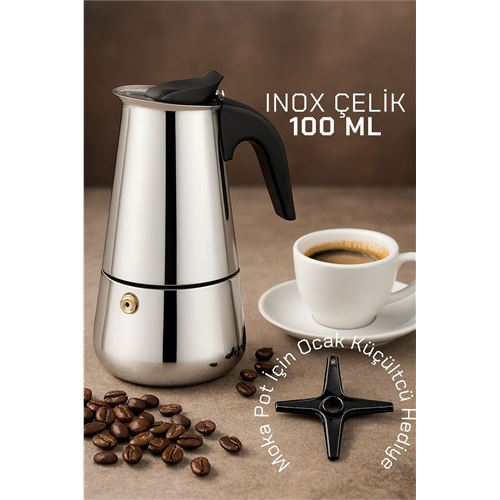HSNET Inox Moka Pot - Paslanmaz Çelik Profesyonel Moka Pot - 100 ml