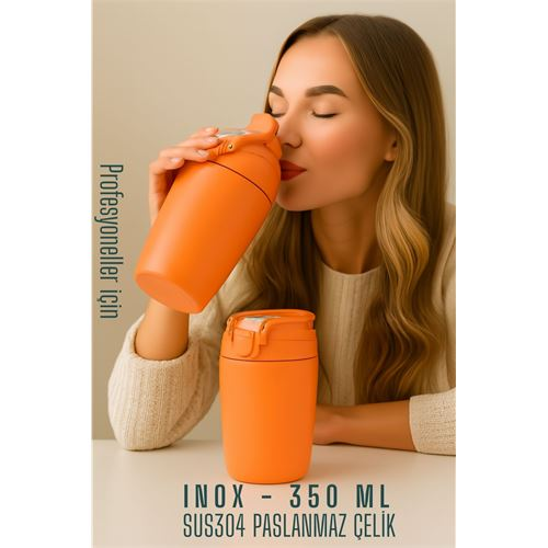 HSNET Inox Çelik Kahve Bardağı - 350 ml SUS304 Çelik Termos Profesyonel TURUNCU