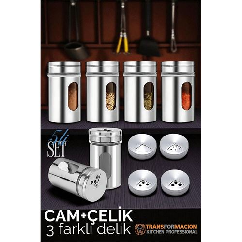 HSNET Cam+Çelik Tuzluk Biberlik Karabiberlik 3 Farklı Delikli 5 li SET