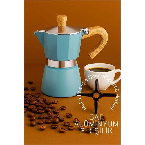 HSNET Italyan Moka Pot - 6061 Saf Alüminyum Ahşap Saplı - 6 kişilik MAVİ