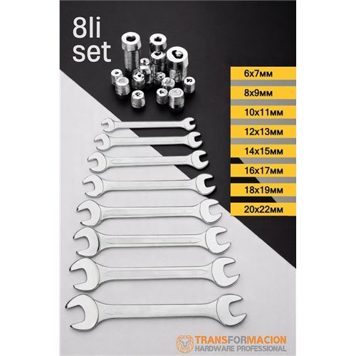 HSNET Açık Uçlu Anahtar Seti - İki Ağızlı Anahtar - İki Ucu Açık Vanadium Çelik Anahtar 8 li SET