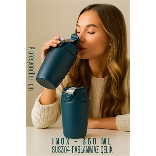 HSNET Inox Çelik Kahve Bardağı - 350 ml SUS304 Çelik Termos Profesyonel MAVİ