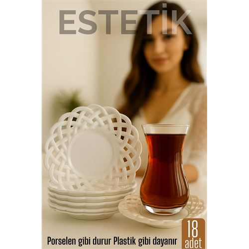 Porselen Görünümlü Plastik Çay Tabağı – 18'lı Set Hafif Şık ve Kırılmaz Tasarım