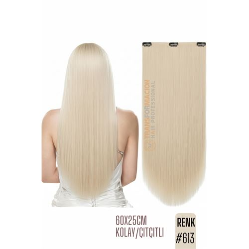 Doğal Görünümlü Düz Siyah Sentetik Kaynak Saç – RENK KOD:#613 Kolay Tak Çıkar Işıltılı Etki!