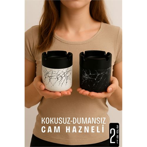 Cam Küllük - Mermer Desenli 2 li Küllük Seti Kafe Küllüğü Restoran Küllüğü Masaüstü Küllük