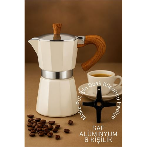 HSNET Italyan Moka Pot - 6061 Saf Alüminyum Ahşap Saplı - 6 kişilik KREM